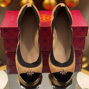 Tory Burch Natural/Black Cork/Patent Ballet Flats